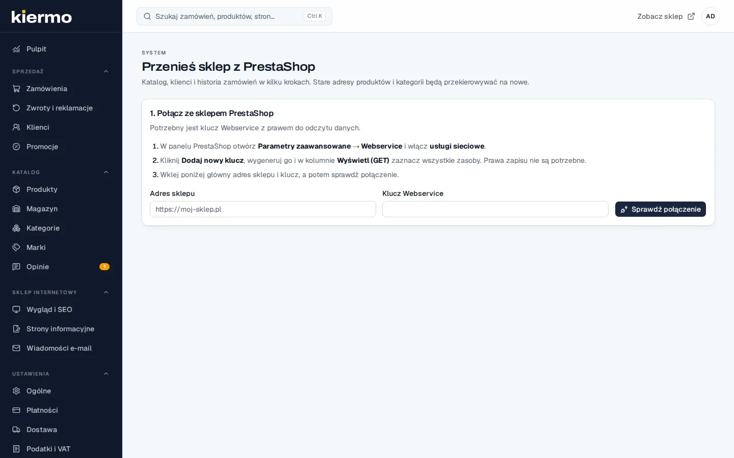 Kreator migracji z PrestaShop w panelu Kiermo