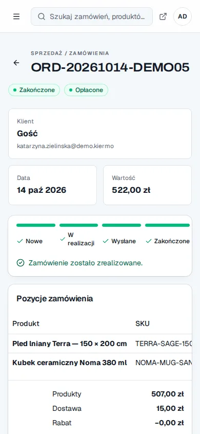 Zamówienie w panelu Kiermo na telefonie